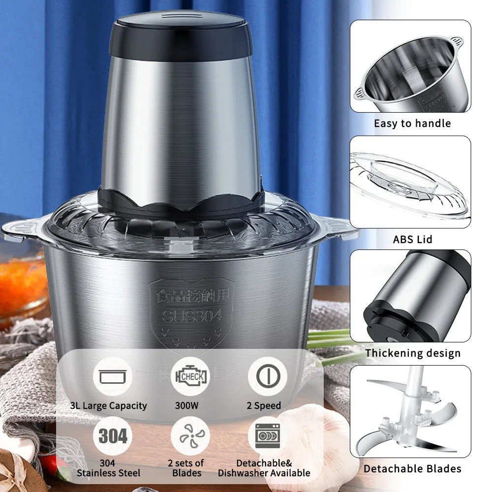 Aoresac Electric Food processor/Food Chopper/Meat Grinder Electric with 2 Sets Stainless Steel Blades/300W/2 Speed